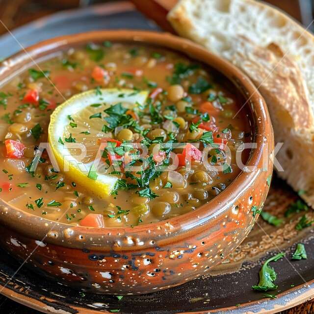 وجبة طعام ذات قيمة غذائية، طبق من المقبلات الساخنة اللذيذة، شوربة العدس الصحية والشهية المزينة بقطع الخبز المقرمش والليمون الحامض، مطاعم عربية خليجية سعودية، أطعمة ومأكولات شعبية تقليدية