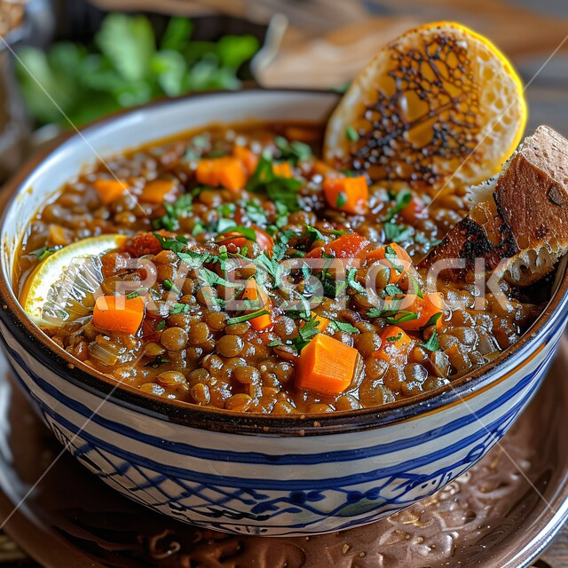 وجبة طعام ذات قيمة غذائية، طبق من المقبلات الساخنة اللذيذة، شوربة العدس الصحية والشهية المزينة بقطع الخبز المقرمش والليمون الحامض، مطاعم عربية خليجية سعودية، أطعمة ومأكولات شعبية تقليدية