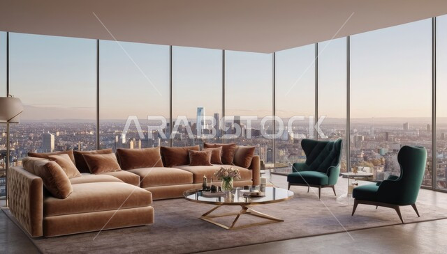 الفن الهندسي المعماري في تصميم غرفة معيشة عصرية، أثاث منزلي فاخر أنيق، ديكور داخلي راقي للفلل والشقق السكنية في المملكة العربية السعودية، التصاميم الداخلية لغرف الجلوس على الطراز الحديث، واجهة زجاجية كبيرة بإطلالة على المدينة، ناطحات السحاب والأبراج السكنية