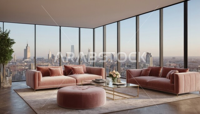 Architectural engineering art in modern living room design, elegant luxury home furniture, high-end interior decoration for villas and residential apartments in Saudi Arabia, modern living room interior designs, large glass facade with city view, skyscrapers and residential towers