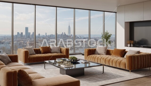 الفن الهندسي المعماري في تصميم غرفة معيشة عصرية، أثاث منزلي فاخر أنيق، ديكور داخلي راقي للفلل والشقق السكنية في المملكة العربية السعودية، التصاميم الداخلية لغرف الجلوس على الطراز الحديث، واجهة زجاجية كبيرة بإطلالة على المدينة، ناطحات السحاب والأبراج السكنية