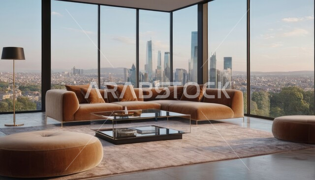  ديكور داخلي راقي للفلل والشقق السكنية في المملكة العربية السعودية، الفن الهندسي المعماري في تصميم غرفة معيشة عصرية، أثاث منزلي فاخر أنيق،التصاميم الداخلية لغرف الجلوس على الطراز الحديث، واجهة زجاجية كبيرة بإطلالة على المدينة، ناطحات السحاب والأبراج السكنية