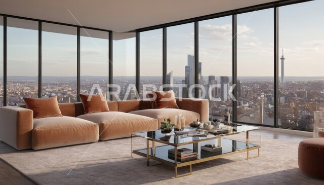  ديكور داخلي راقي للفلل والشقق السكنية في المملكة العربية السعودية، الفن الهندسي المعماري في تصميم غرفة معيشة عصرية، أثاث منزلي فاخر أنيق،التصاميم الداخلية لغرف الجلوس على الطراز الحديث، واجهة زجاجية كبيرة بإطلالة على المدينة، ناطحات السحاب والأبراج السكنية