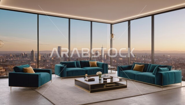  ديكور داخلي راقي للفلل والشقق السكنية في المملكة العربية السعودية، الفن الهندسي المعماري في تصميم غرفة معيشة عصرية، أثاث منزلي فاخر أنيق،التصاميم الداخلية لغرف الجلوس على الطراز الحديث، واجهة زجاجية كبيرة بإطلالة على المدينة، ناطحات السحاب والأبراج السكنية