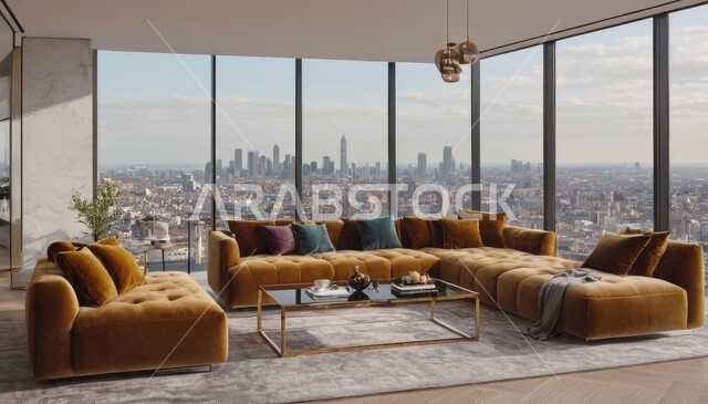 التصاميم الداخلية لغرف الجلوس على الطراز الحديث، أثاث منزلي فاخر أنيق، ديكور داخلي راقي للفلل والشقق السكنية في المملكة العربية السعودية، الفن الهندسي المعماري في تصميم غرفة معيشة عصرية، واجهة زجاجية كبيرة بإطلالة على المدينة، ناطحات السحاب والأبراج السكنية