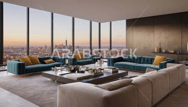 التصاميم الداخلية لغرف الجلوس على الطراز الحديث، أثاث منزلي فاخر أنيق، ديكور داخلي راقي للفلل والشقق السكنية في المملكة العربية السعودية، الفن الهندسي المعماري في تصميم غرفة معيشة عصرية، واجهة زجاجية كبيرة بإطلالة على المدينة، ناطحات السحاب والأبراج السكنية