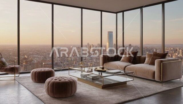 التصاميم الداخلية لغرف الجلوس على الطراز الحديث، أثاث منزلي فاخر أنيق، ديكور داخلي راقي للفلل والشقق السكنية في المملكة العربية السعودية، الفن الهندسي المعماري في تصميم غرفة معيشة عصرية، واجهة زجاجية كبيرة بإطلالة على المدينة، ناطحات السحاب والأبراج السكنية