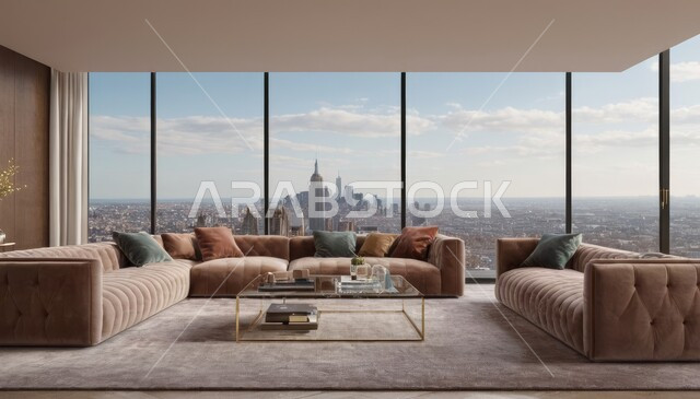 التصاميم الداخلية لغرف الجلوس على الطراز الحديث، أثاث منزلي فاخر أنيق، ديكور داخلي راقي للفلل والشقق السكنية في المملكة العربية السعودية، الفن الهندسي المعماري في تصميم غرفة معيشة عصرية، واجهة زجاجية كبيرة بإطلالة على المدينة، ناطحات السحاب والأبراج السكنية