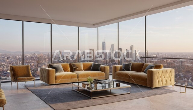 التصاميم الداخلية لغرف الجلوس على الطراز الحديث، أثاث منزلي فاخر أنيق، ديكور داخلي راقي للفلل والشقق السكنية في المملكة العربية السعودية، الفن الهندسي المعماري في تصميم غرفة معيشة عصرية، واجهة زجاجية كبيرة بإطلالة على المدينة، ناطحات السحاب والأبراج السكنية