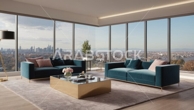 أثاث منزلي فاخر أنيق، ديكور داخلي راقي للفلل والشقق السكنية في المملكة العربية السعودية، الفن الهندسي المعماري في تصميم غرفة معيشة عصرية، التصاميم الداخلية لغرف الجلوس على الطراز الحديث، واجهة زجاجية كبيرة بإطلالة على المدينة، ناطحات السحاب والأبراج السكنية