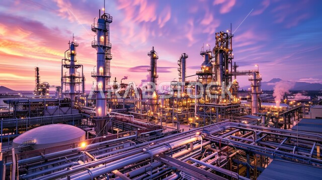  مفهوم هندسة البترول في دول الخليج, مصانع ومعامل النفط في المملكة العربية السعودية، المشاريع البتروكيماوية المساهمة في نهضة الاقتصاد الوطني السعودي، مصفاة تكرير النفط والغاز, مستودعات وخزانات كبيرة وضخمة، خلفية السماء الملبدة بالغيوم في وقت الغروب