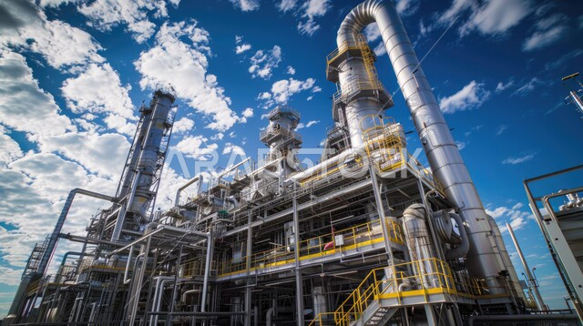 Oil and gas refinery, petroleum engineering concept in the Gulf countries, oil factories and plants in the Kingdom of Saudi Arabia, petrochemical projects contributing to the renaissance of the Saudi national economy, large and huge warehouses and tanks, industrial development projects