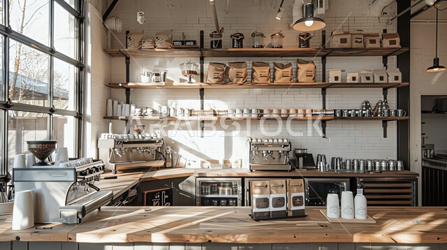 Modern interior design for the café with a wooden table and industrial shelves, areas for calm and enjoying elegant sessions, modern architectural art,