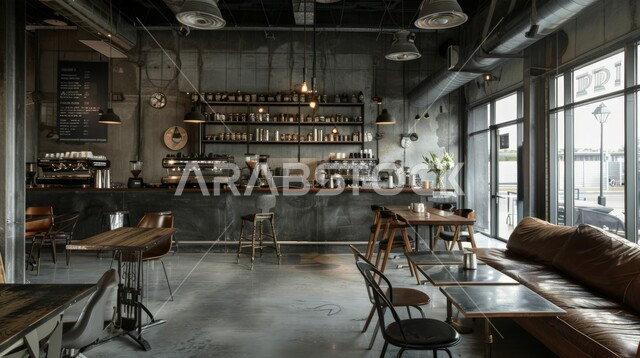 مقهى صناعي أنيق بتصميم داخلي عربي مع الطوب والخرسانة المكشوفة, مناطق الهدوء والاستمتاع بالجلسات الراقية, الفن الهندسي المعماري على الطراز الحديث، 