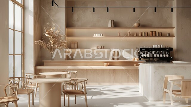التصاميم الداخلية للكافيهات والمطاعم، تصميم داخلي بديكورات جذابة لمقهى, مناطق الهدوء والاستمتاع بالجلسات الراقية, الفن الهندسي المعماري على الطراز الحديث، 