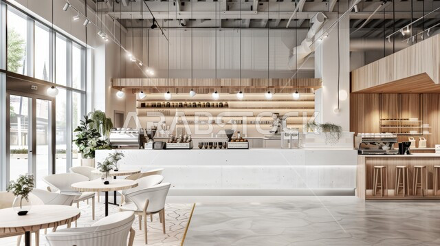 تصميم داخلي حديث لمقهى مع كراسي بيضاء ولمسات خشبية, مناطق الهدوء والاستمتاع بالجلسات الراقية, الفن الهندسي المعماري على الطراز الحديث،