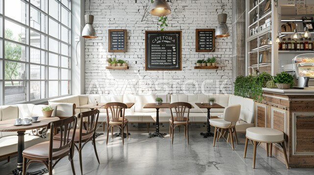 تصميم داخلي مريح للمقهى مع جدران من الطوب المكشوف وتفاصيل ريفية, مناطق الهدوء والاستمتاع بالجلسات الراقية, الفن الهندسي المعماري على الطراز الحديث،