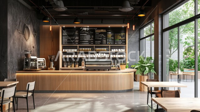 تصميم داخلي حديث لمقهى مع لمسات خشبية بديكورات وألوان جذابة، الفن الهندسي المعماري على الطراز الحديث، الديكورات والتصاميم الداخلية للكافيهات والمطاعم