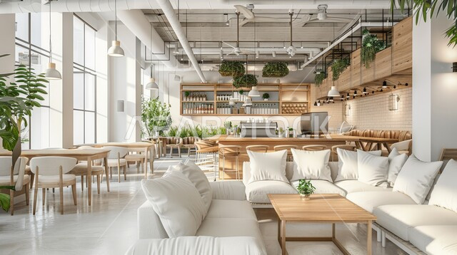 تصميم داخلي حديث لمقهى مع أرائك بيضاء وإضاءة طبيعية، الفن الهندسي المعماري على الطراز الحديث، الديكورات والتصاميم الداخلية للكافيهات والمطاعم