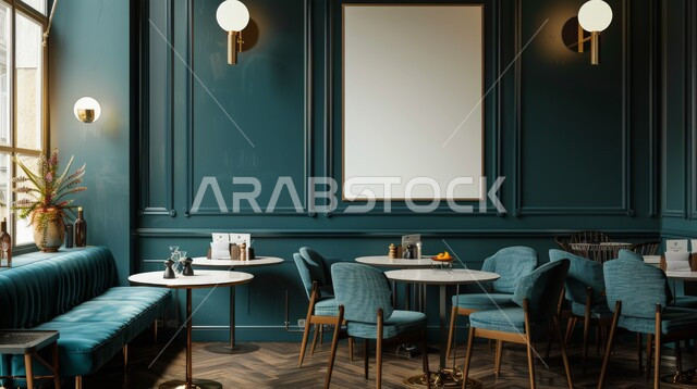 Modern interior design for a café with modern blue walls, areas for calm and enjoying elegant sessions, modern architectural art,