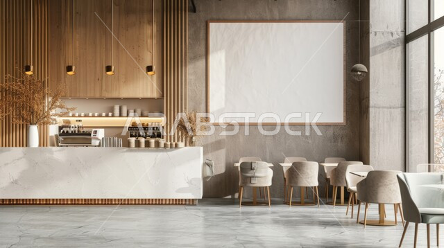 مقهى داخلي حديث مع إطار فارغ ومنضدة من الرخام الأبيض, مناطق الهدوء والاستمتاع بالجلسات الراقية, الفن الهندسي المعماري على الطراز الحديث، أثاث داخلي راقي لمطعم 
