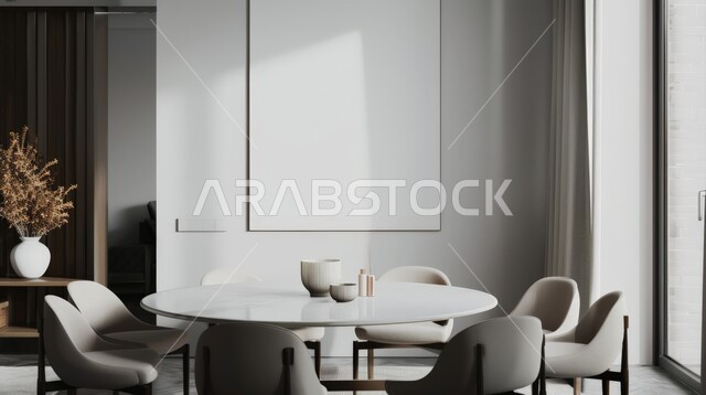 Dining room with elegant designs, modern home interior decoration for a dining room in white, luxury home furniture,