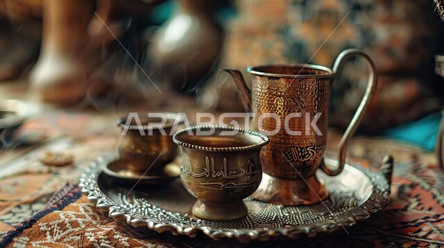 التقاليد والعادات الأصيلة المتوارثة من الأجداد، نقوش الآرابيسك على دلة نحاسية مع عدة فناجين, مفهوم الضيافة العربية الأصيلة, تقديم المشروبات الساخنة للزوار, حسن استقبال الضيف وإكرامه