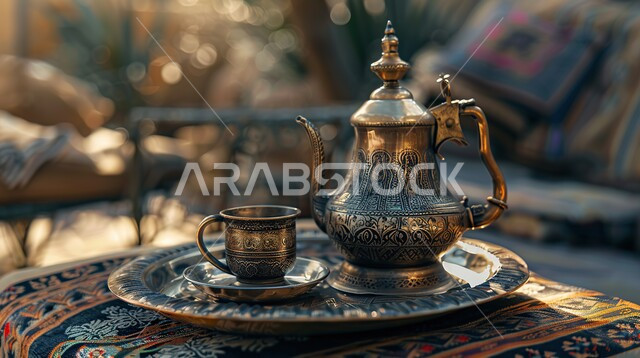 نقوش الآرابيسك على دلة نحاسية مع فنجان, التقاليد والعادات الأصيلة المتوارثة من الأجداد، مفهوم الضيافة العربية الأصيلة, تقديم المشروبات الساخنة للزوار, حسن استقبال الضيف وإكرامه