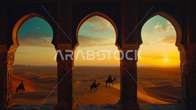 الرمال الذهبية الناعمة في الأماكن الصحراوية، قافلة من الجمال تسير في الصحراء، الإهتمام في تربية ورعاية الحيوانات الثدية، استخدام الإبل في التنقل في صحارى المملكة العربية السعودية، الاعمدة المزينة بزخارف الارابيسك