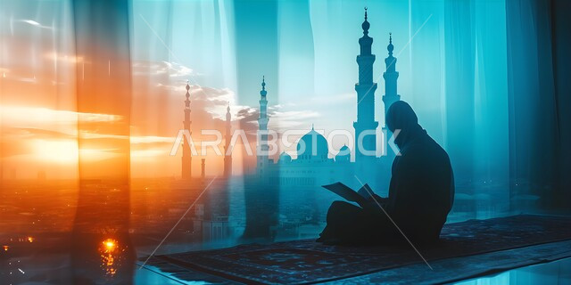 جلسات دينية اسلامية، تلاوة وحفظ القرآن الكريم، تعزيز الفطرة السليمة الصحيحة، العبادة والتقرب إلى الله في شهر رمضان المبارك، صورة من الخلف لطفل عربي خليجي سعودي يرتدي الثوب التقليدي يقرأ القرآن الكريم