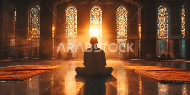 تعزيز الفطرة السليمة الصحيحة، العبادة والتقرب إلى الله في شهر رمضان المبارك، تلاوة وحفظ القرآن الكريم، جلسات دينية اسلامية، صورة من الخلف لطفل عربي خليجي سعودي يرتدي الثوب التقليدي يقرأ القرآن الكريم