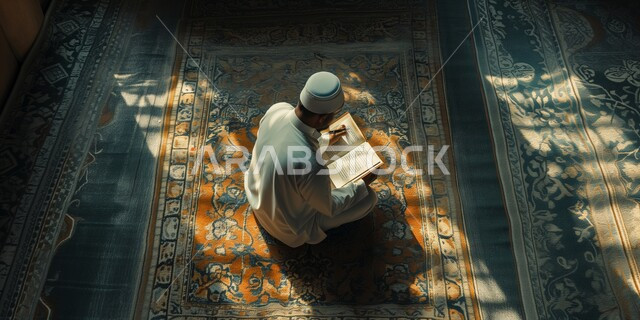 العبادة والتقرب إلى الله في شهر رمضان المبارك، تعزيز الفطرة السليمة الصحيحة، تلاوة وحفظ القرآن الكريم، جلسات دينية اسلامية، صورة علوية عامودية لطفل عربي خليجي سعودي يرتدي الثوب التقليدي يقرأ القرآن الكريم