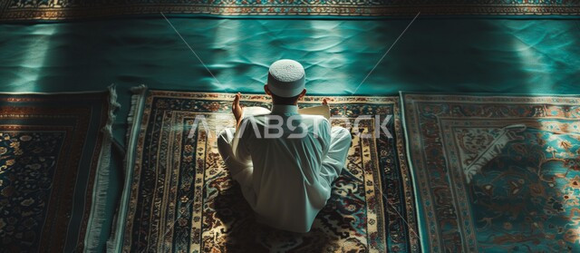 تلاوة وحفظ القرآن الكريم، تعزيز الفطرة السليمة الصحيحة، العبادة والتقرب إلى الله في شهر رمضان المبارك، جلسات دينية اسلامية، صورة من الخلف لطفل عربي خليجي سعودي يرتدي الثوب التقليدي يقرأ القرآن الكريم