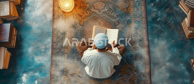 العبادة والتقرب إلى الله في شهر رمضان المبارك، تعزيز الفطرة السليمة الصحيحة، تلاوة وحفظ القرآن الكريم، جلسات دينية اسلامية، صورة علوية عامودية لطفل عربي خليجي سعودي يرتدي الثوب التقليدي يقرأ القرآن الكريم