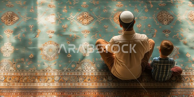 العبادة والتقرب إلى الله، تلاوة وحفظ القرآن الكريم، جلسات دينية اسلامية، تعزيز الفطرة السليمة الصحيحة، صورة من الاعلى لاب عربي خليجي سعودي يرتدي الثوب التقليدي يجلس بجانب ابنه في مسجد