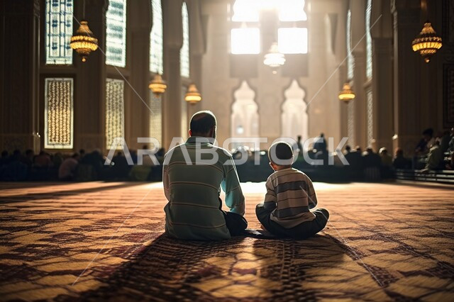 جلسات دينية اسلامية، تلاوة وحفظ القرآن الكريم، تعزيز الفطرة السليمة الصحيحة، العبادة والتقرب إلى الله في شهر رمضان المبارك، صورة من الاعلى لاب عربي خليجي سعودي يرتدي الثوب التقليدي يجلس بجانب ابنه في مسجد