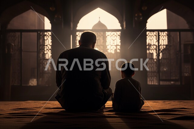 تلاوة وحفظ القرآن الكريم، جلسات دينية اسلامية، تعزيز الفطرة السليمة الصحيحة، العبادة والتقرب إلى الله في شهر رمضان المبارك، صورة من الاعلى لاب عربي خليجي سعودي يرتدي الثوب التقليدي يجلس بجانب ابنه في مسجد