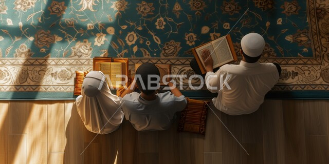 تلاوة وحفظ القرآن الكريم، جلسات دينية اسلامية، تعزيز الفطرة السليمة الصحيحة، العبادة والتقرب إلى الله في شهر رمضان المبارك، صورة من الاعلى لاب عربي خليجي سعودي يرتدي الثوب التقليدي يجلس بجانب ابنه في مسجد