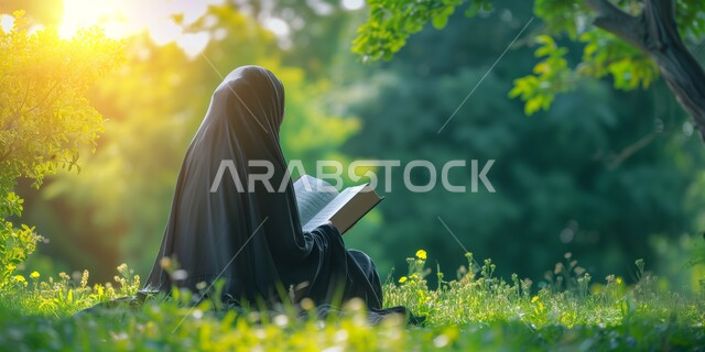 تعزيز الفطرة السليمة الصحيحة، العبادة والتقرب إلى الله، تلاوة وحفظ كتاب الله، جلسات دينية اسلامية، صورة من الخلف لامرأةعربية خليجية سعودية محجبة ترتدي عباءة سوداء تقرأ القرآن