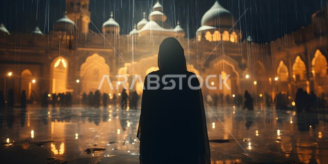 أماكن ومعالم دينية مقدسة، مفهوم العبادة والتقرب إلى الله، الديكورات الإسلامية لبناء المساجد، صورة مقربة من الخلف لامرأة عربية خليجية سعودية ترتدي العباءة والحجاب تقف في باحة المسجد، الرسومات والتصاميم الهندسية