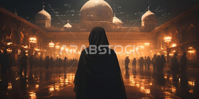 الديكورات الإسلامية لبناء المساجد، صورة مقربة من الخلف لامرأة عربية خليجية سعودية ترتدي العباءة والحجاب تقف في باحة المسجد، مفهوم العبادة والتقرب إلى الله، الرسومات والتصاميم الهندسية، أماكن ومعالم دينية مقدسة