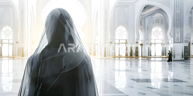 مفهوم العبادة والتقرب إلى الله، الديكورات الإسلامية لبناء المساجد، صورة مقربة من الخلف لامرأة عربية خليجية سعودية ترتدي العباءة والحجاب تقف في باحة المسجد، الرسومات والتصاميم الهندسية، أماكن ومعالم دينية مقدسة