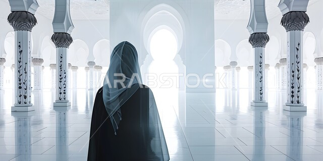 أماكن ومعالم دينية مقدسة، مفهوم العبادة والتقرب إلى الله، الديكورات الإسلامية لبناء المساجد، صورة مقربة من الخلف لامرأة عربية خليجية سعودية ترتدي العباءة والحجاب تقف في باحة المسجد، الرسومات والتصاميم الهندسية