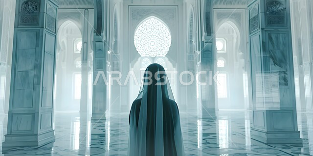 الديكورات الإسلامية لبناء المساجد، صورة مقربة من الخلف لامرأة عربية خليجية سعودية ترتدي العباءة والحجاب تقف في باحة المسجد، مفهوم العبادة والتقرب إلى الله، الرسومات والتصاميم الهندسية، أماكن ومعالم دينية مقدسة