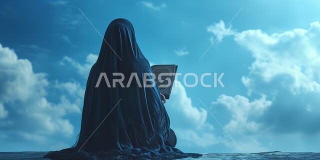 جلسات دينية اسلامية، تعزيز الفطرة السليمة الصحيحة، العبادة والتقرب إلى الله، تلاوة وحفظ كتاب الله، صورة من الخلف لامرأةعربية خليجية سعودية محجبة ترتدي عباءة سوداء تقرأ القرآن