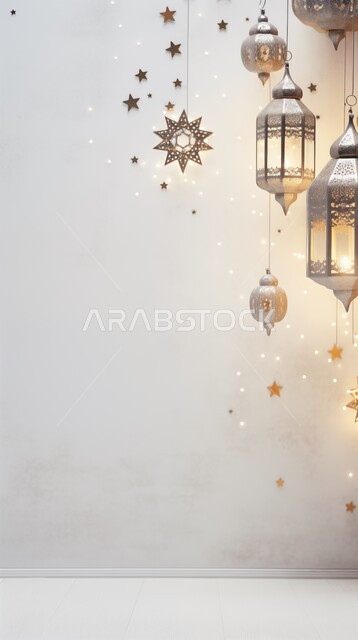 زينة الأعياد والمناسبات الدينية، العادات والتقاليد العربية، فوانيس وتحف وديكورات تقليدية للاحتفال بقدوم شهر رمضان المبارك، مصباح عربي معدني مزخرف مضيء، أجواء رمضانية وروحانية إسلامية، خلفية بيج