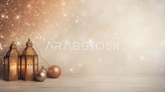 العادات والتقاليد العربية، فوانيس وتحف وديكورات تقليدية للاحتفال بقدوم شهر رمضان المبارك، مصباح عربي معدني مزخرف مضيء، زينة الأعياد والمناسبات الدينية، أجواء رمضانية وروحانية إسلامية، خلفية بيج