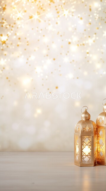 فوانيس وتحف وديكورات تقليدية للاحتفال بقدوم شهر رمضان المبارك، مصباح عربي معدني مزخرف مضيء، العادات والتقاليد العربية، زينة الأعياد والمناسبات الدينية، أجواء رمضانية وروحانية إسلامية، خلفية بيج