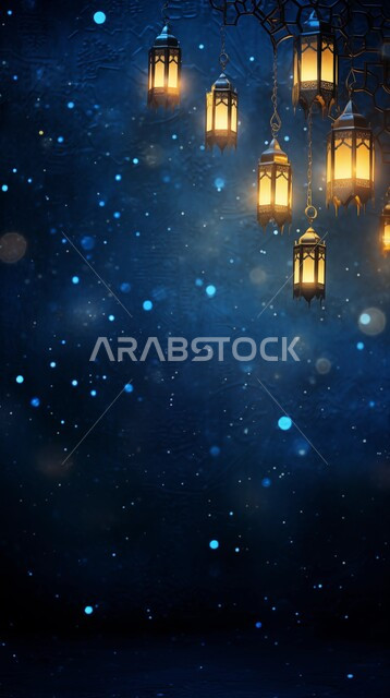 Ramadan atmosphere and Islamic spirituality, holiday and religious occasion decorations, Arab customs and traditions, lanterns, antiques and traditional decorations to celebrate the coming of the holy month of Ramadan, Arabic decorative metal lamp illuminated, blue background