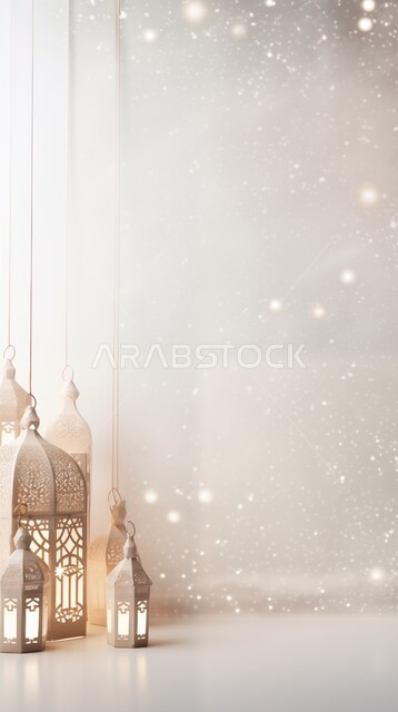 مصباح عربي معدني مزخرف مضيء، فوانيس وتحف وديكورات تقليدية للاحتفال بقدوم شهر رمضان المبارك، العادات والتقاليد العربية، زينة الأعياد والمناسبات الدينية، أجواء رمضانية وروحانية إسلامية، خلفية بيج